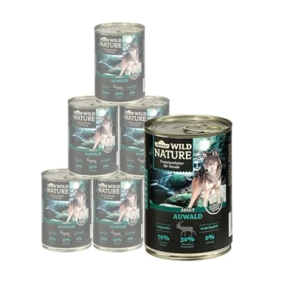 Abbildung von Dehner Wild Nature Hundefutter Auwald, Nassfutter getreidefrei / zuckerfrei, für ausgewachsene Hunde, Geflügel Wild, 6 x 400 g Dose (2.4 kg)