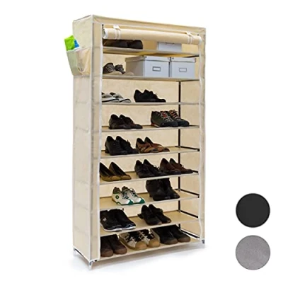 Abbildung von Relaxdays 1 x Schuhschrank Valentin, hohes Schuhregal mit Stoffbezug, 9 Ablagen, Stoffschrank, HBT 161 88 30 cm, beige