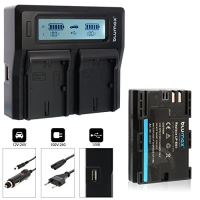 Abbildung von Blumax Akku LP E6N 2000mAh + Doppelladegerät Dual Charger passend zu Canon EOS 60D, 70D, 6D, 5D Mark III 2 Akkus gleichzeitig Laden