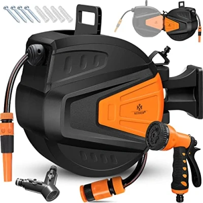 Abbildung von KESSER® Schlauchtrommel Wasser 30+2m Schlauchaufroller Inkl. 2 Wege Verteiler + Multi Handbrause Wasserschlauchtrommel Automatik 180 Schwenkbar Wandhalterung Gartenschlauch Orange