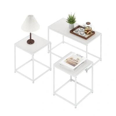Abbildung von Furinno Camnus Modernes Wohnzimmertisch Set mit einem Couchtisch und Zwei Beistelltischen, Solides Weiß/Weiß