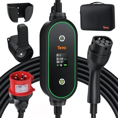 Abbildung von Tera Mobile Wallbox Typ 2 tragbar: 11kW 3 Phasig 6 16A 7,5m Ladekabel CEE 5 Pin EV Ladegerät 0,5 5h verzögertes Laden Einstellbarer Ladeleistung Ladegerätehalter für Elektroauto P03