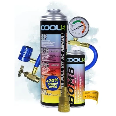 Abbildung von COOL5 5in1 Klimaanlagen Reparaturset, R1234yf Kältemittel Nachfüllset, für Klimaanlagenbefüllung Fahrzeuge nach 2016 + Messschlauch Refresher Bombe Adapter Universalreiniger 500ml