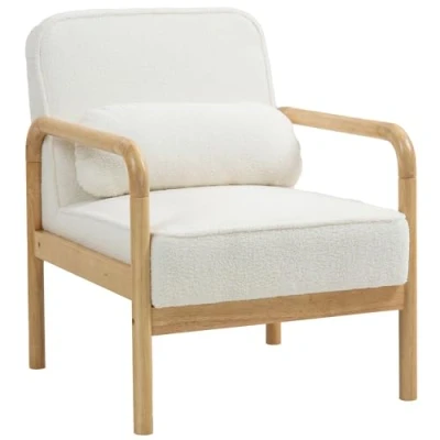 Abbildung von HOMCOM Relaxsessel Sessel Wohnzimmer mit Armlehnen, Holzbeine, Großen und Dicken Sitz (Lesesessel Wurfkissen, Bouclé Optik, 1 St., Relaxsessel), Polstersessel für Schlafzimmer Weiß