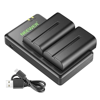 Abbildung von NEEWER NP F550 Akku Ladegerät Set, kompatibel mit Sony F970 F750 F770 F960 F530 F330 F570 CCD SC55 TR516 TR716 TR818 TR910 TR917 LED Licht/Monitor/Kamera Slider (2er Packung, Schwarz)