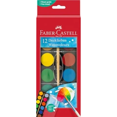 Abbildung von Faber Castell 125018 Wasserfarbkasten 12 Farben, inkl. Pinsel, Malkasten für Schule und Freizeit