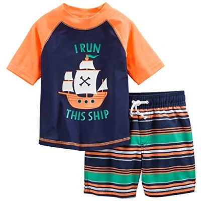 Abbildung von Simple Joys by Carter&#039;s Baby Jungen Swimsuit Trunk and Rashguard Rash Guard Set, Marineblau Orange Schiffe/Weiß Streifen, 2 Jahre