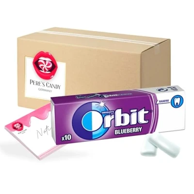 Abbildung von 23,99 inkl. USt (57,12/kg) Orbit BLUEBERRY Kaugummi 420g Zuckerfrei 30 x 10 Dragees von Pere&#039;s Candy Box mit Geschenk