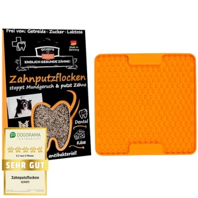 Abbildung von QCHEFS ZAHNPUTZFLOCKEN &amp; Lickimat Soother als Zahnpflege Hund für Mundgeruch und Zahnstein Weg Schleckmatte schlecken nach dem Hundefutter zur Beruhigung Hundezubehör unterwegs