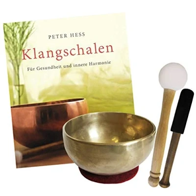 Abbildung von Therapie KLANGSCHALE 500 600g + BUCH Peter Hess 5 tlg Klangmassage SET. UNIVERSALSCHALE Handarbeit NEPAL. 2 x Klöppel ZUBEHÖR. 70192 14