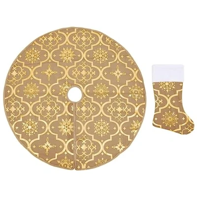 Abbildung von vidaXL Luxus Weihnachtsbaumdecke mit Socke Christbaumdecke Weihnachtsdeko Weihnachtsbaum Rock Decke Bodenmatte Tannenbaumdecke Gelb 150cm Stoff