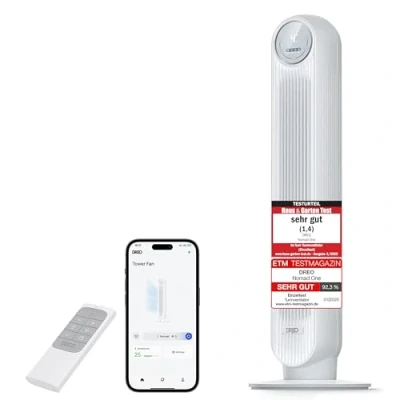 Abbildung von Dreo Smart Leiser Turmventilator, APP &amp; Sprachsteuerung, 90 oszillierender Ventilator mit Fernbedienung, 4 Modi, Geschwindigkeiten, 8 Std. Timer, Nomad One S, Schwaz