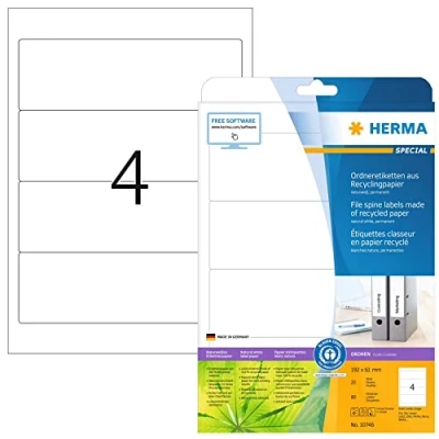 Abbildung von HERMA 10746 Recycling Ordnerrücken Etiketten kurz breit, 20 Blatt, 192 x 61 mm, 4 pro A4 Bogen, 80 Stück, selbstklebend, bedruckbar, blickdicht, Ordneretiketten Rückenschilder Aufkleber, natur weiß