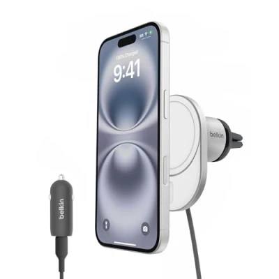 Abbildung von Belkin MagSafe Charger kompatibles magnetisches kabelloses KFZ Ladegerät 15 W BoostCharge Pro Qi2 zertifiziertes Ladegerät, magnetische Handyhalterung für iPhone 15, 14, 13 und