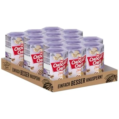 Abbildung von Nestlé CHOCLAIT CHIPS Weiß, Leckere Knusperchips mit Mandelgeschmack, umhüllt weißer Schokolade und verfeinert Milchschokolade Dekorstreifen, 15er Pack (15 x 115g)