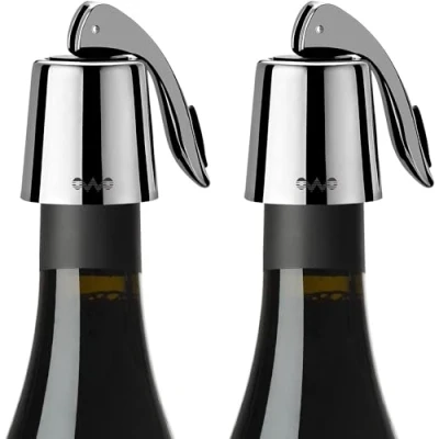 Abbildung von 2 Stück OWO Weinverschluss Weinflaschenverschluss Edelstahl Wein Verschlussstopfen Flaschenverschluss Vakuum Weinverschlüsse Wiederverwendbar Wine Stopper Geschenke für Weinliebhaber (Schwarz)