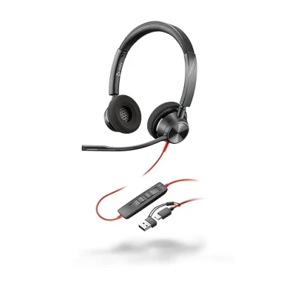 Abbildung von Schnurgebundenes Headset Poly Blackwire 3320 Flexibler Mikrofonarm Hi Fi Stereo Verbindung mit PC/Mac über USB C oder A Kompatibel Teams/Zoom