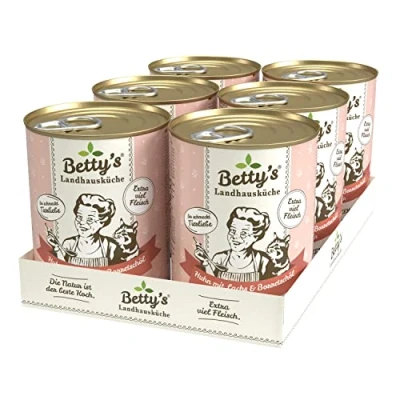 Abbildung von Betty&#039;s Landhausküche Dose Nassfutter Katze, getreidefrei, beste Qualität, hochwertiges Fleisch, schonend gegart, für alle Katzenrassen geeignet, Huhn und Lachs 6 x 400 g