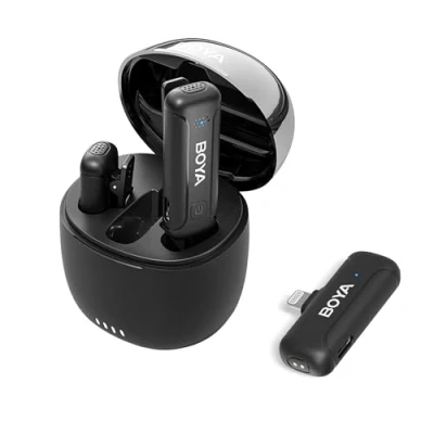 Abbildung von Boya Wireless lavalier Mikrofon iPhone, Mini ansteckmikrofon kabellos, iPhone iPad für Videoaufnahmen Streaming Podcast mit Rauschunterdrückung, 32 Stunden Arbeitszeit (BY WM3T D2)