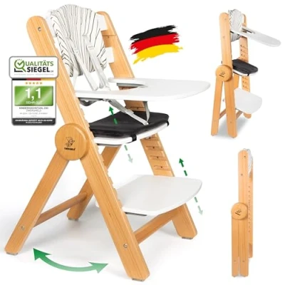 Abbildung von ZWERGHELD® Premium Kinderhochstuhl ZS3 Set mitwachsend klappbar verstellbar, Hochstuhl Baby ab 6 Monaten bis 90kg belastbar, mit Essbrett Treppenhochstuhl Kinderstuhl Holz High Chair (weiß natur)