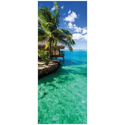 Abbildung von Wallario Glasbild Karibisches Meer Einsame Hütte unter Palmen 32 x 80 cm Wandbilder Glas in Premium Qualität: Brillante Farben, freischwebende Optik