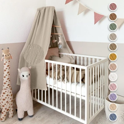 Abbildung von lilimaus Betthimmel Babybett mit Goldapplikationen [in 12 Farben] Himmel aus 100% Baumwolle Musselin Mädchen &amp; Jungen Himmelbett Kinderzimmer Babyzimmer Deko Baby Bett