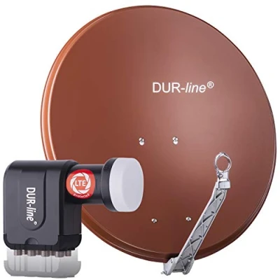 Abbildung von DUR line 8 Teilnehmer Set Qualitäts Alu Satelliten Komplettanlage Select 75cm/80cm Spiegel/Schüssel Rot + Octo LNB für Receiver/TV [Neuste Technik, DVB S2, 4K, 3D]