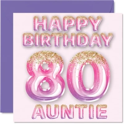 Abbildung von Stuff4 Geburtstagskarte zum 80. Geburtstag für Tante rosa &amp; lila Glitzerballons Happy Birthday Karten 80 Jahre alte von Neffe Nichte, 145 mm x