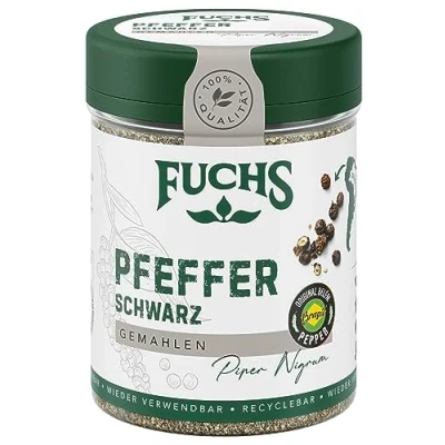 Abbildung von Fuchs Gewürze Pfeffer schwarz gemahlen aus dem Amazonasgebiet, verleiht eine leicht scharfe Note natürliche Zutaten 60 g in wiederverwendbarer, recyclebarer Dose