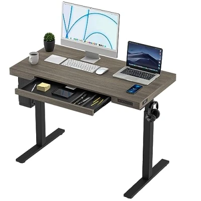 Abbildung von KOWO Schreibtisch Höhenverstellbar Elektrisch 120 x 60 cm, Graue Holz Tischplatte, Höhenverstellbarer Schreibtisch, Ergonomischer Sitz Stehpult Tisch, Computertisch Schwarzes Gestell