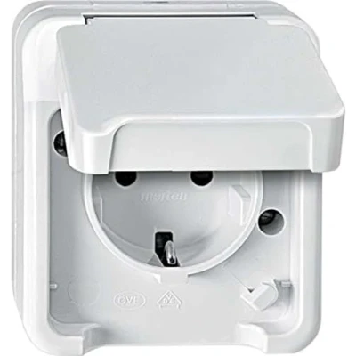 Abbildung von Schneider Electric Merten MEG2400 8019 Aufputz 1 Fach SCHUKO Steckdose mit erhöhtem Berührungsschutz, Schutzkontaksteckdose, IP44, polarweiß, AQUASTAR