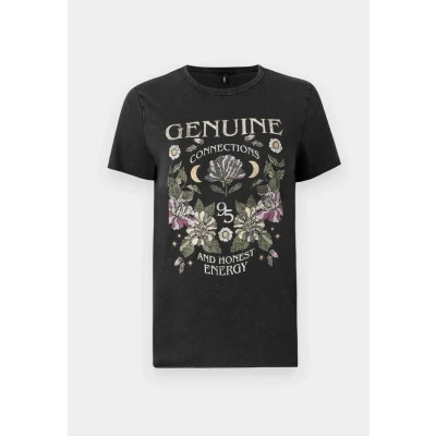 Abbildung von ONLY Damen Bedrucktes T Shirt Kurzarm Basic Rundhals Top mit Schrift Printed Shortsleeve ONLLUCY, Farben:Schwarz 6, Größe:S