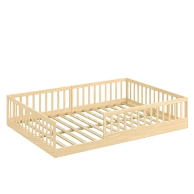 Abbildung von CADANI Timi 2in1 Bodenbett 140x200 cm Montessori Kinderbett mit abnehmbaren Rausfallschutz inkl. Lattenrost, Kiefer Massivholz, Natur 3 Aufbauvarianten, bis 200 kg belastbar, umbaubar