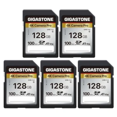 Abbildung von Gigastone 4K Kamera Pro 128GB SDXC Speicherkarte 5er Pack mit bis zu 100 MB/Sek. für Digitalkameras Canon Sony Nikon Olympus, UHD Videoaufnahmen UHS I U3 V30 Klasse 10