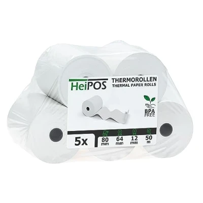 Abbildung von HeiGroup HeiPOS 5x Kassenrollen Thermorollen 80 mm x 50 m 12 55 g/m² Papier Für EC Cash, Kreditkarten Kassensysteme und mehr