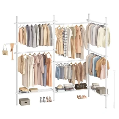 Abbildung von SONGMICS Teleskopstange Kleiderständer, 3 stufige Garderobe, höhen und breitenverstellbar, offener Kleiderschrank mit 6 Kleiderstangen abnehmbaren Ablagen, Greifarm, mattweiß HSR155W01