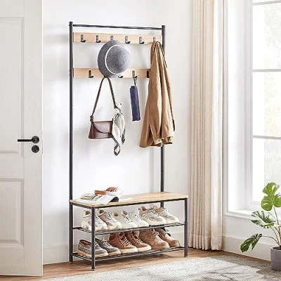 Abbildung von ACAZA XL Garderobenständer, Schuhregal, Eingangsschrank mit 11 Haken, 85 cm lang und 175 hoch, Eiche hell