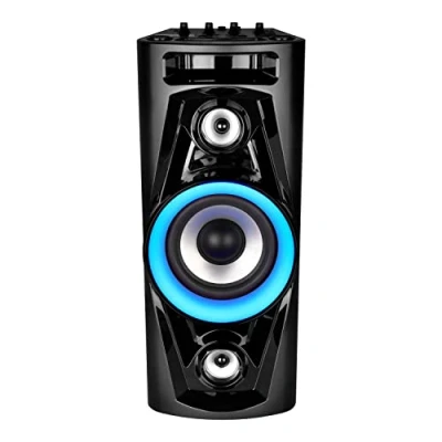 Abbildung von MEDION P67014 Party Soundsystem (Partylautsprecher Karaoke, Bluetooth, Kompaktanlage, integrierter Akku, 180 Watt, Blaue LED, PLL UKW Radio, USB, AUX, Mikrofonanschluss, Gitarrenanschluss, Mikrofon)