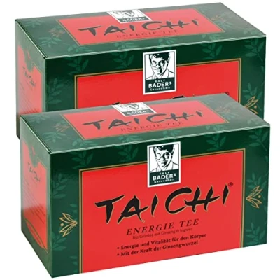 Abbildung von BADERs TAI CHI ENERGIE TEE aus der Apotheke. Premium Grüntee für Ihr Wohlbefinden. Mit Kraft Ginsengwurzel. 2 x 20 Filterbeutel. PZN 03250803