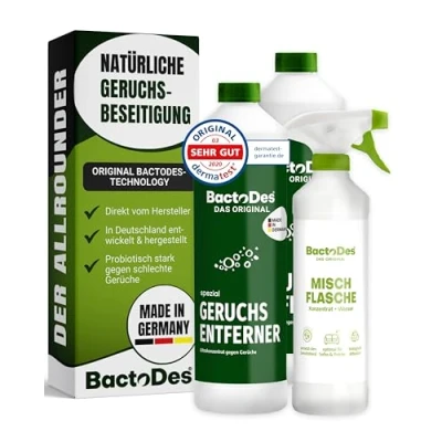 Abbildung von BactoDes Spezial Geruchsneutralisierer 2L Konzentrat mit Spray Mischflasche Universal Enzymreiniger bio Mikroben Wirkung Effektiver Geruchsentferner für sämtliche unangenehme Gerüche