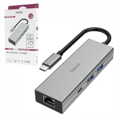 Abbildung von Hama USB C Hub Type 3.2 Ethernet Adapter ALU Kabel, SuperSpeed Typ Verteiler 2 A 1x LAN Port