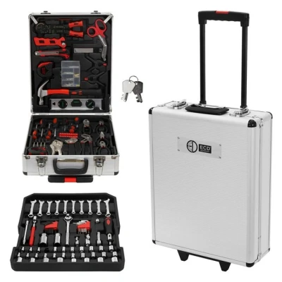 Abbildung von ECD Germany Werkzeugkoffer Werkzeug Set aus Chrom Vanadium Stahl mit 4 Ebenen &amp; Rollen (Komplett Set, 180 St), telig Silber Werkzeugkasten Werkzeugkiste Trolley