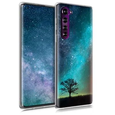 Abbildung von kwmobile Hülle kompatibel mit Motorola Edge (2020) Handyhülle Handy Case Galaxie Baum Wiese Blau Grau Schwarz