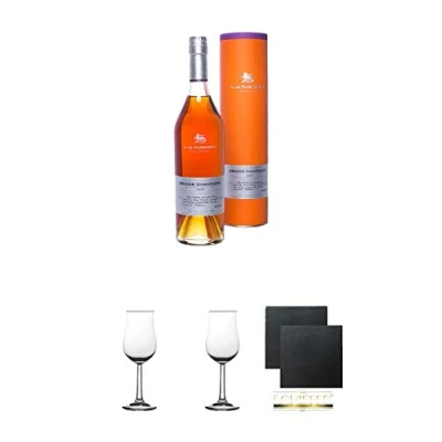 Abbildung von A. De Fussigny ADF VSOP Grand Champagne 0,7 Liter + 2 Bugatti Nosing Gläser mit Eichstrich 2cl und 4cl Schiefer Glasuntersetzer eckig ca. 9,5 cm Ø