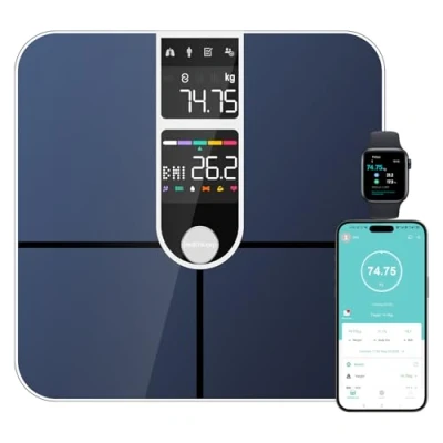 Abbildung von Healthkeep Personenwaage, angeschlossen, Bluetooth, mit 2 VA Bildschirmen und ITO Beschichtungstechnologie, 16 Körperdaten Herzfrequenz, App, für Android iOS 180 kg/400 lb, silberfarben