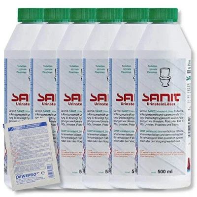 Abbildung von DEWEPRO Set: SANIT Urinsteinlöser 3031 6 Flaschen à 500ml der Profi WC Reiniger extra stark Kalklöser höchste Reinigungskraft, inkl. 1 St. DEWEPRO® Single Scrubs