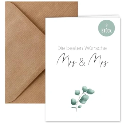 Abbildung von 2 x Hochzeitskarte Mrs &amp; Boho Stil Glückwunschkarte zur Hochzeit Lesbisches Brautpaar DIN A6 Klappkarte mit Kuvert C6 Klappkarten LGBTQ Hochzeitspaar floral Eucalyptus (2 Stück)