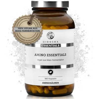 Abbildung von QIDOSHA® Master Aminosäuren Komplex Kapseln, Rezeptur nach Dr. Moretti, 180 Stk/Glas, mit 99% Netto Stickstoffverwertung, 8 essenzielle Aminosäuren, 100% vegan, EAA Pattern