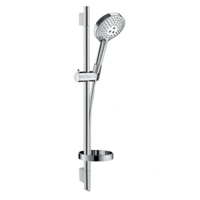 Abbildung von hansgrohe Brausegarnitur &quot;12cm, 3 Strahlarten PowderRain mit Duschstange 65cm und Seifenschale&quot;, (Komplett Set), Chrom