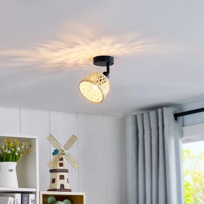 Abbildung von Lindby Strahler Youstin, Landhaus / Rustikal, Bambus, holz hell, 1 flammig, E14, Deckenlampe